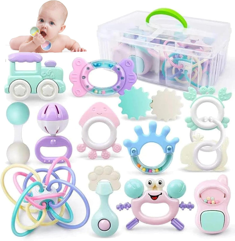 Baby Teether Toy Rattle for Baby Toys 0-12 Months Plus with Storage Box -14 Pcs BPA Free Soft Silicone Teething Toys Newborn Baby Sensory Toys Gifts 3 6 9 12 Months for Early Educational (14Pcs)