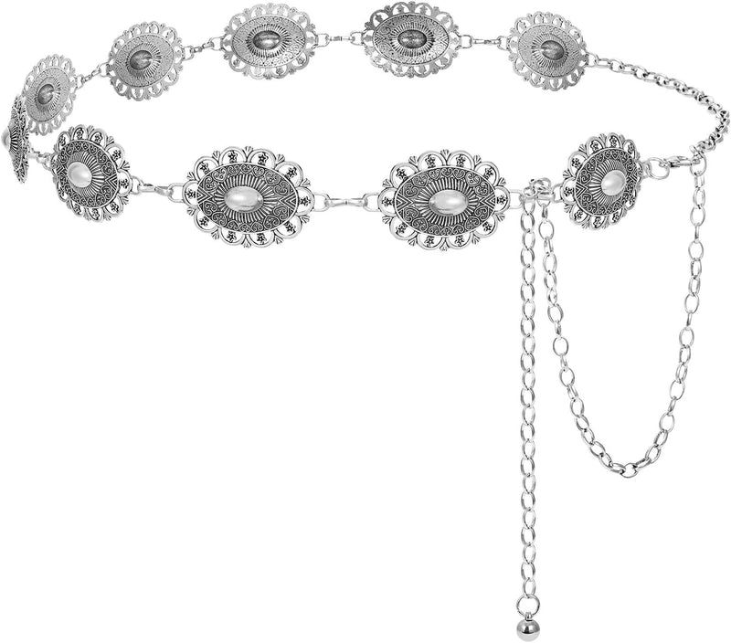 Western Metal Concho Belt for Women Cowgirl Boho Waist Chain Belt for Dresses Jeans Pants - silver