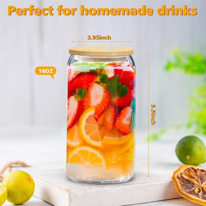 Yoawllty 4 PCS Glass Cups, Drinking Glasses with Bamboo Lids and Glass Straw, 16oz Can Shaped Glass Cups, Cocktail Glasses, Iced Coffee Glass, Cute Tumbler Cup