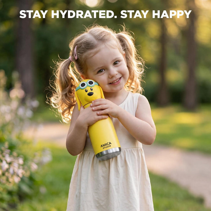 Kids Water Bottle 460ml Insulated Stainless Steel - AMICA STUDIO (Dexter Dog)