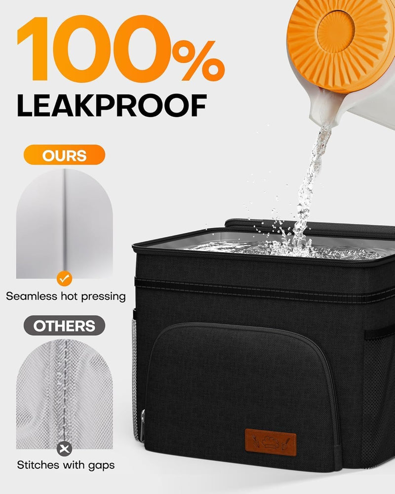 Insulated Lunch Box for Men & Women - Leak-Proof Cooler Lunch Bag with 4 Pockets, Adjustable Strap, Ideal for Work, Picnic, Travel - Medium, Black, 10.2"6.9"8.5"