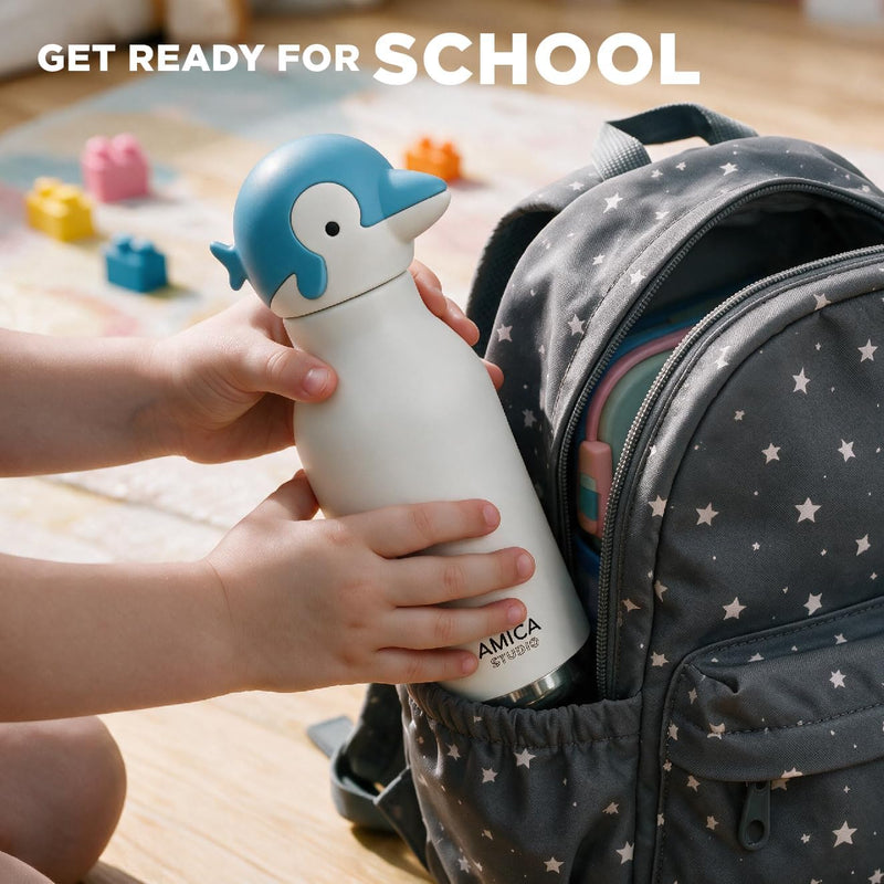 Kids Water Bottle 460ml Insulated Stainless Steel - AMICA STUDIO (Dinky Dolphin)