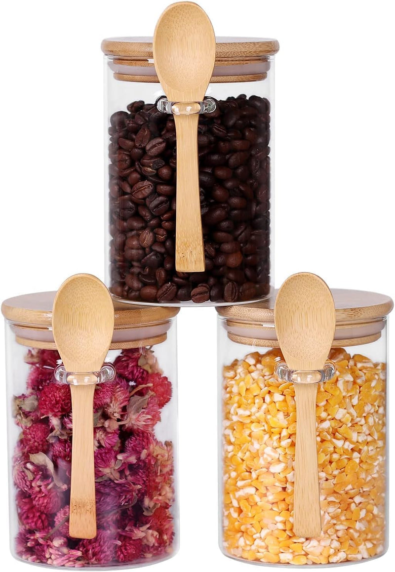 SKY-TOUCH 3Pcs Glass Jars with Bamboo Lids & Spoons : 550ml Airtight Glass Spice Jars Clear Sugar Container Food Storage Containers for Coffee Beans Spice Sugar Tea Nuts Candy Salts - 3PCS