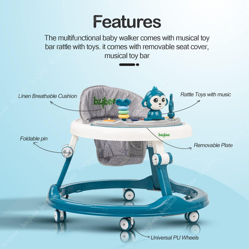Baybee Drono Baby Walker for Kids, Round Kids Walker with 4 Seat Height Adjustable | Activity Walker for Baby with with Food Tray & Musical Bar | Walkers for Baby Boys Girls (Blue)