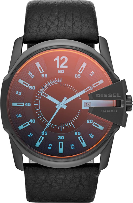 Men's Master Chief Three-Hand, 46 mm Case Size, Stainless Steel Watch with Leather Strap - Black/Red Dial