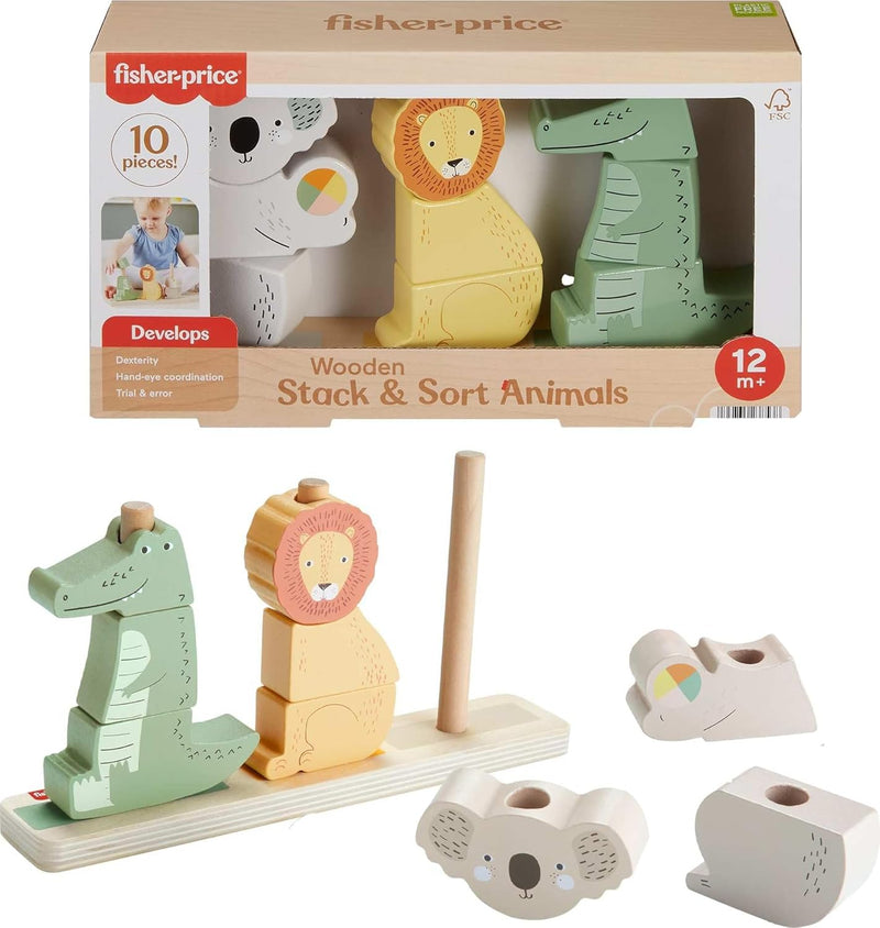 Fisher-Price Baby & Toddler Toy Wooden Stack & Sort Animals, 10 Wood Pieces for Developmental Play Ages 1+ Years - Wooden - Stack & Sort Animals