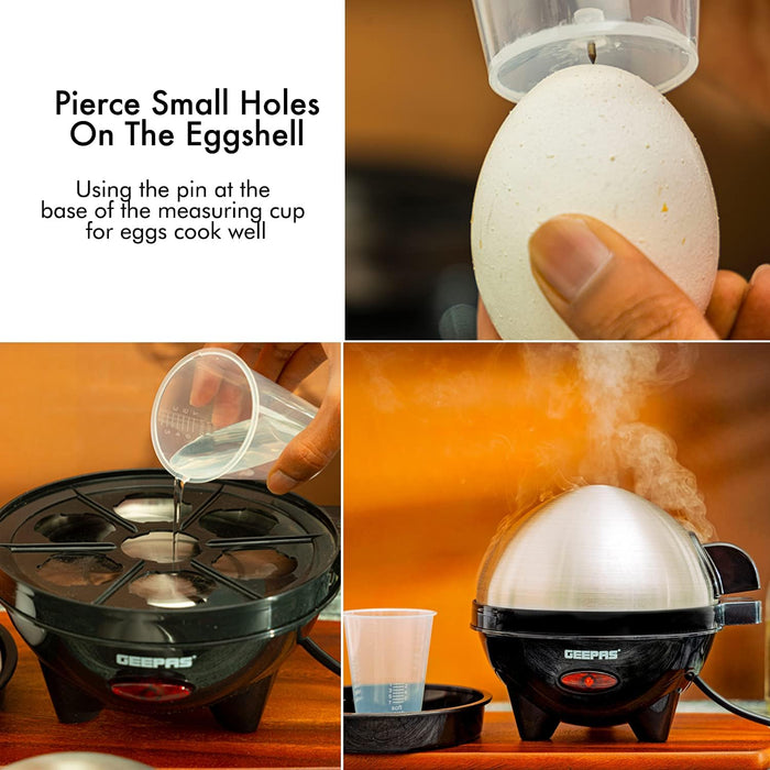 Geepas 350W Egg Boiler - Egg Cooker, Measuring Cup with Egg Piercer Included - Up to 7 Eggs Capacity - 2 Year Warranty