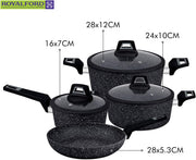Royalford Chef Art Aluminium Cookware Set, 7 Pieces, Black, RF9557, Scratch Resistant, Tempered Glass Lids, 2.5MM Body Thickness, Bakelite Knobs, and CD Bottom