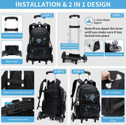 Pomefar Trolley School Bag for Boys, Rolling School Backpack With 6 Wheels， Side-Opening Waterproof School Bag For 15.6inch Laptop, School and Travel