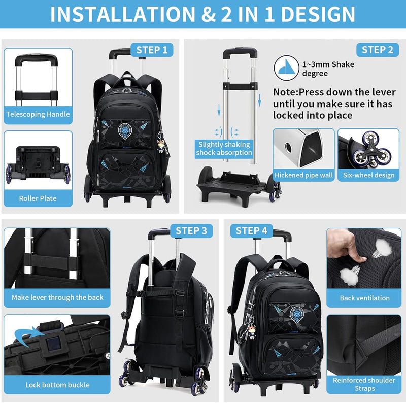 Pomefar Trolley School Bag for Boys, Rolling School Backpack With 6 Wheels， Side-Opening Waterproof School Bag For 15.6inch Laptop, School and Travel