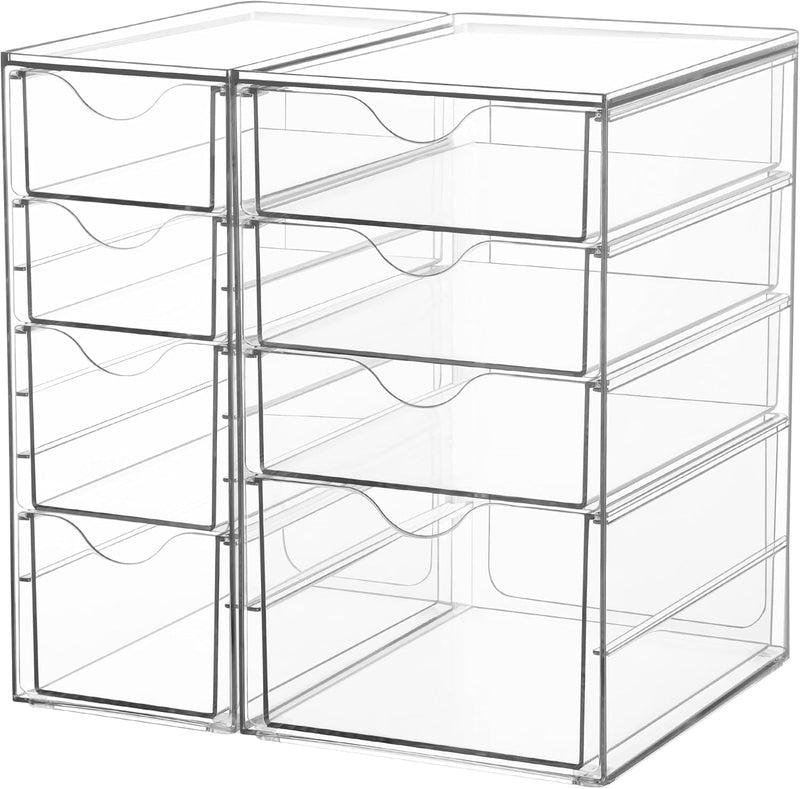 4 Pack Large Stackable Storage Drawers, Easily Assemble Acrylic Bathroom Closet Undersink Organizers, Plastic Storage Bins for Kitchen Cabinets, Pantry, Makeup, Medicine Organization - 8 Pack Kombination