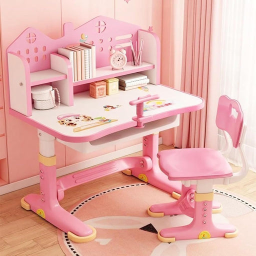 Height Adjustable Kids Desk and Chair Set, Study Table with Bookshelf & Drawer, Ergonomic School Desk Set for Boys & Girls, Bedroom Furniture for Children