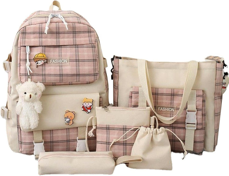 Kids Cute Backpack Set for School, 5PCS Kwaii School Bag Large-capacity, Girls Boys Back to School Book Bag Backpack for Teen - B/pink
