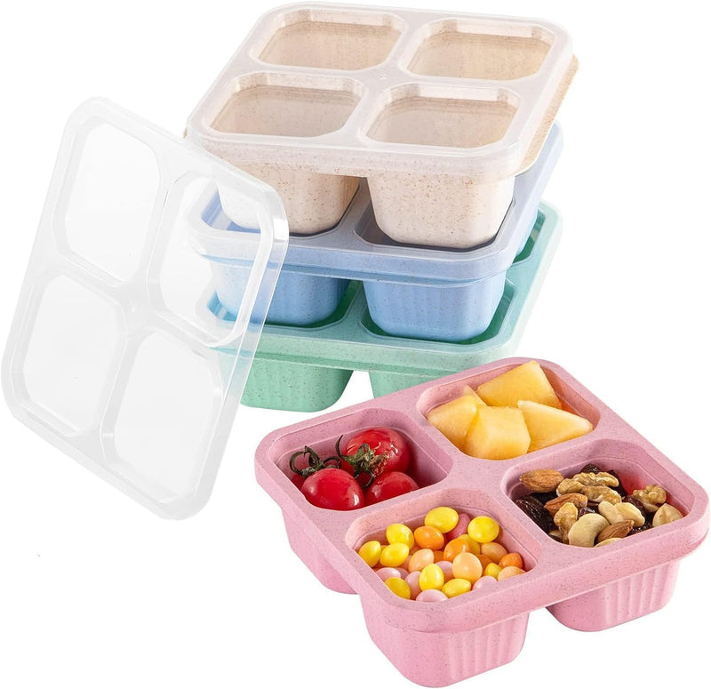 4 Pcs Snack Boxes, 4-Compartment Reusable Bento Container, BPA-Free Wheat Straw, Stackable, Microwave and Freezer Safe, 5.8oz Per Compartment, for Kids, School, Work, Travel
