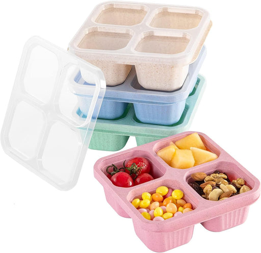 4 Pcs Snack Boxes, 4-Compartment Reusable Bento Container, BPA-Free Wheat Straw, Stackable, Microwave and Freezer Safe, 5.8oz Per Compartment, for Kids, School, Work, Travel