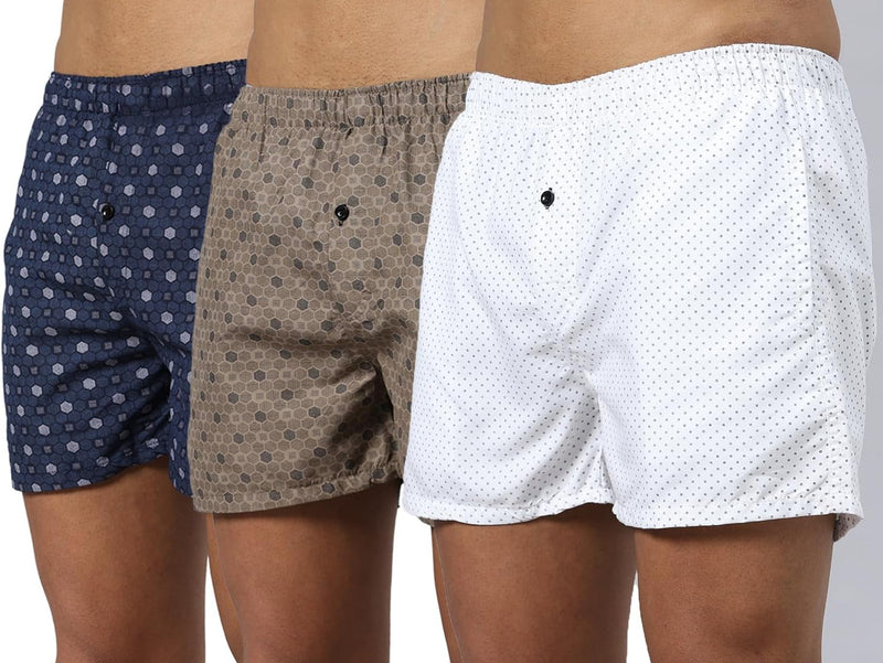Men's Cotton Boxers, Printed Under Pant with Side Pocket, Go for once size up for better comfort - Pack of 3