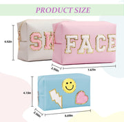 3 Pieces Preppy Patch Makeup Bag, Small Chenille Letter Cosmetic Bag, PU Leather Waterproof Zipper Skin Care Toiletry Bags for Teen Girls, Portable Preppy Gift for Women(White, Blue, Pink), - Leather