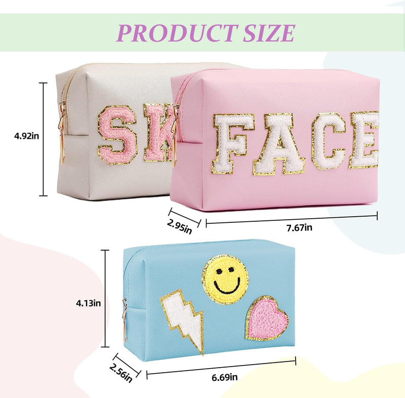 3 Pieces Preppy Patch Makeup Bag, Small Chenille Letter Cosmetic Bag, PU Leather Waterproof Zipper Skin Care Toiletry Bags for Teen Girls, Portable Preppy Gift for Women(White, Blue, Pink), - Leather