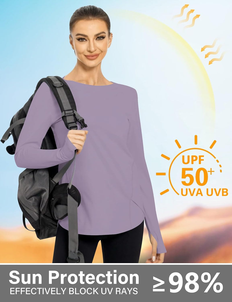 Rapbin Women's UPF 50+ Sun Protection T-Shirts Long Sleeve Boat Neck Workout Lightweight Quick Dry Top with Thumb Hole