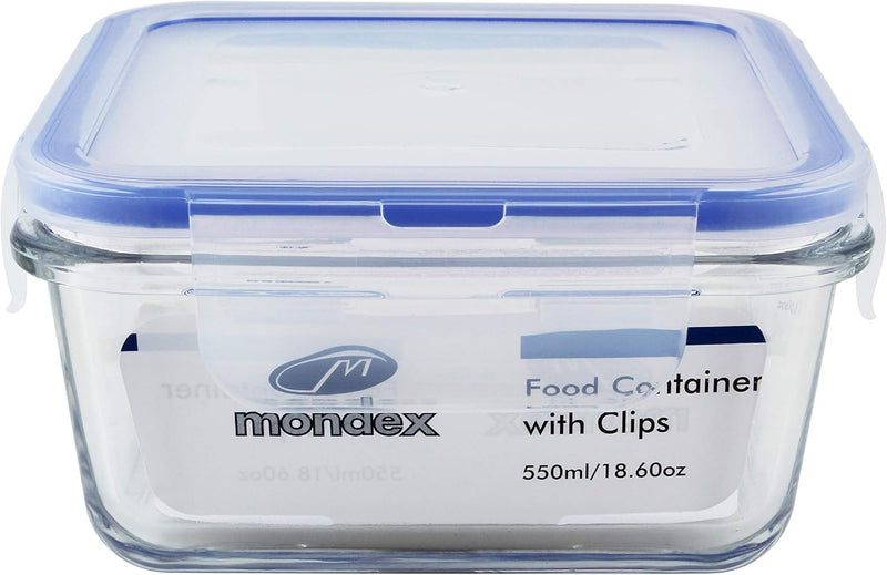 Mondex Cmn0094-96 2 Pieces Food Storage Container With Lid, Blue, 350 Ml/700 Ml, Rectangle, Glass - Square 550ml