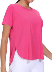 Women's Workout T-Shirts Loose Fit Short Sleeve Cotton Running Basic Tee Tops with Split Hem - Bright Pink