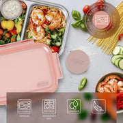 BEOLA Stainless Steel Lunch Box, 2 Compartment Bento Box, BPA Free Tiffin with Lid, Leakproof Meal Container, Perfect as Snack Box (Set of 2, Blush Pink) - 2pcs Blush Pink