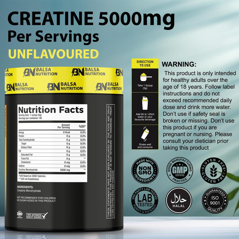 Balsa Nutrition Creatine Monohydrate Powder- 300g, 5g Per Serving (Unflavored) Supports Muscle Strength, Workout & Performance Recovery, Produce Energy, Immune Booster Non- GMO
