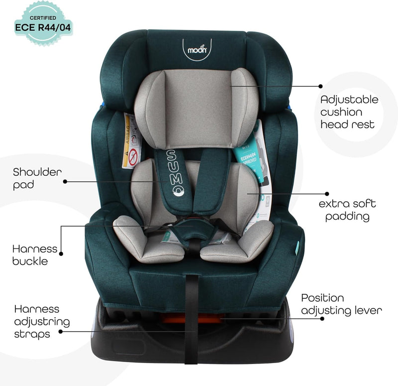 The Moon Brand Sumo Car Seat – Birth to 6yrs Baby Travel Gear – Convertible Rear & ForwardFacing Booster Seat – Reclining Car Seat for Group 012 – Child Comfort Car Accessories – Light Grey