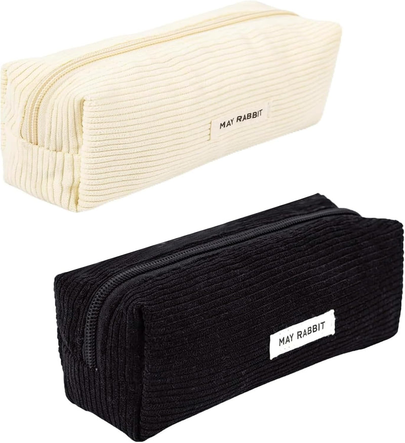 2 Pieces Pencil Case, Monochrome Pencil Case, Corduroy Pencil Case, for School, Office, Travel, Black And Cream, No