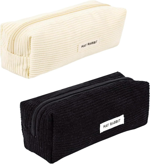 2 Pieces Pencil Case, Monochrome Pencil Case, Corduroy Pencil Case, for School, Office, Travel, Black And Cream, No
