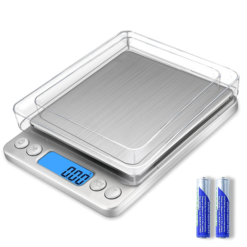 Nabelisen Grams Scale Ounce Mini Scale, 3000g by 0.1g Accuracy, Digital Food Kitchen Durable Scale for Baking,Jewelry, Herbs, Seasoning,9 Units Conversion,Tare Function, Trays Included,Silver