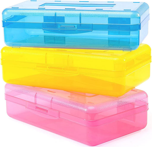 Pencil Case with Snap Lid, Large Clear Hard Pencil Box, Crayon Box Marker Pen Organizer, Plastic Storage Container, Stackable Art Craft Organizer Back to School Supplies, Colorful 3 Pcs