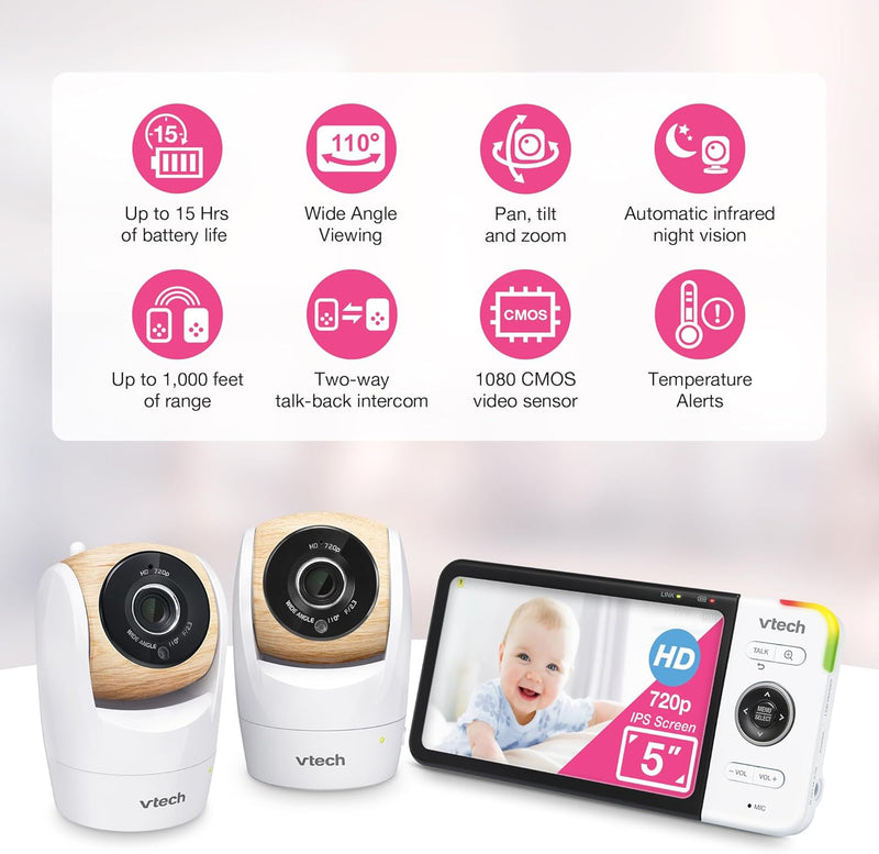VTech VM924 Remote Pan-Tilt-Zoom Video Baby Monitor, 5" LCD Screen, Up to 17 Hrs Video Streaming, Night Vision, Up to 1000ft Range, Soothing Sounds, 2-Way Talk, Temperature Sensor,Secured Transmission