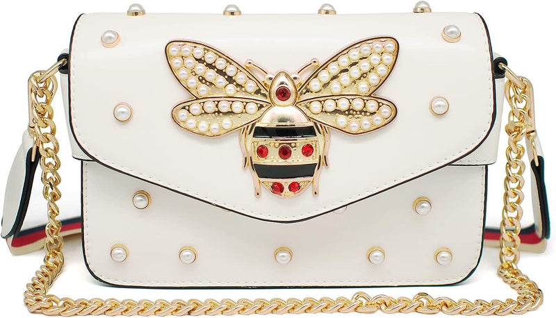 Designer Bee Purse Fashion Crossbody Bags with Pearl for Women Pu Leather Shoulder Clutch Handbags - White2