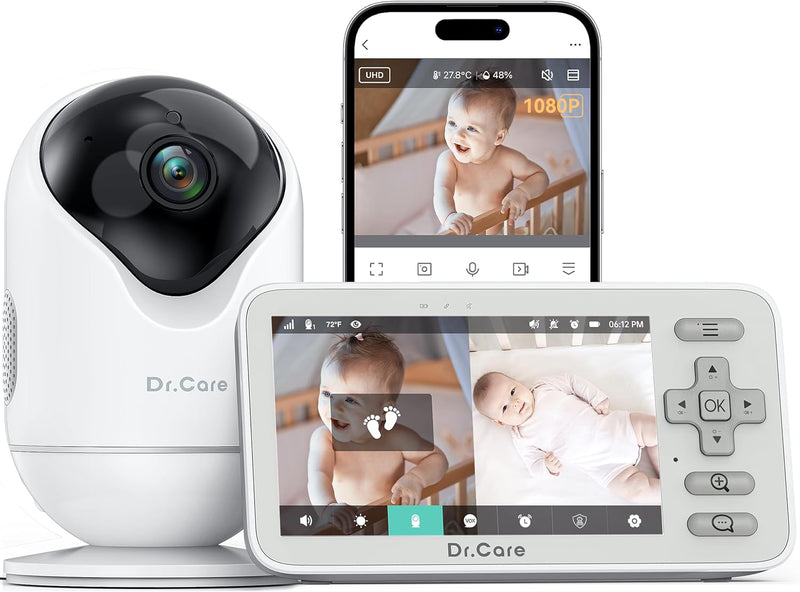 Dr.Care VistaView Lite Smart WLAN Baby Monitor - 4 Inch 720P Split Screen & 1080P Camera, App Control, Motion Alarms, HD Night Vision, 3000 mAh Battery, 2-Way Audio, Multi-User, Triple Security, 1000