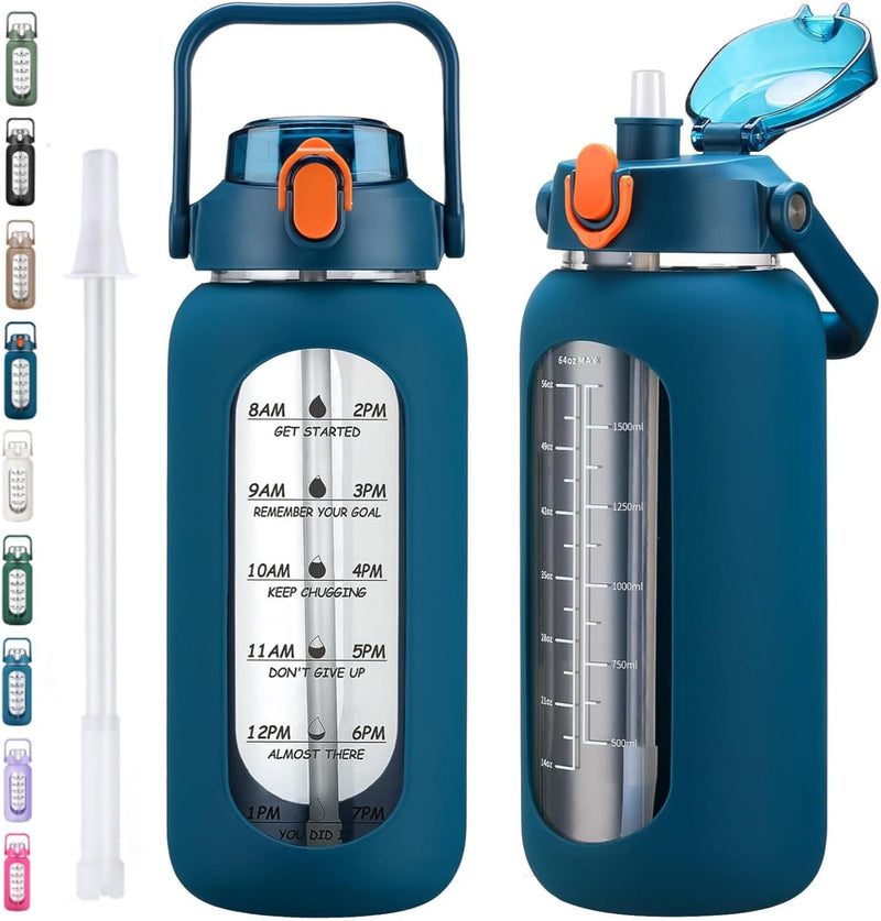 64oz Glass Water Bottles with Straw, Half Gallon Motivational Glass Bottle with Silicone Sleeve and Time Marker, 2L Leakproof Large Glass Water Jug for Gym Home Office,Black - 64 Ounces Blue