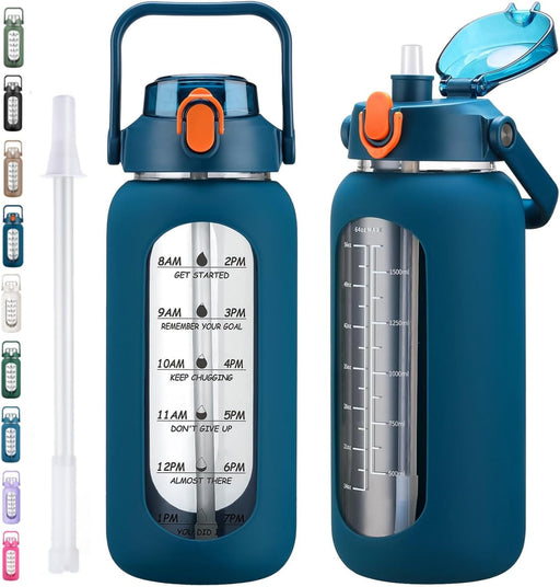 64oz Glass Water Bottles with Straw, Half Gallon Motivational Glass Bottle with Silicone Sleeve and Time Marker, 2L Leakproof Large Glass Water Jug for Gym Home Office,Black - 64 Ounces Blue