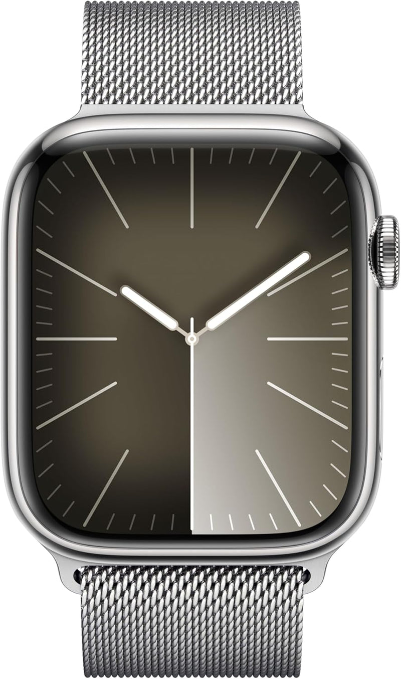 New Apple Watch Series 9 [GPS + Cellular 45mm] Smartwatch with Silver Stainless steel Case with Silver Milanese Loop One Size. Fitness Tracker, Blood Oxygen & ECG Apps, Water Resistant