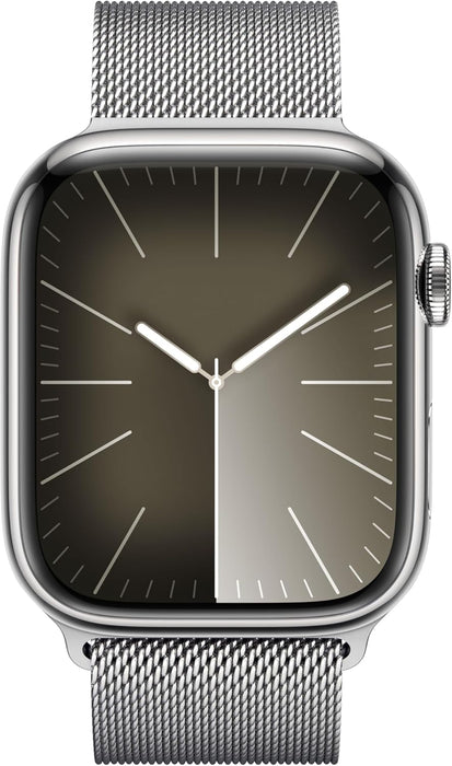 New Apple Watch Series 9 [GPS + Cellular 45mm] Smartwatch with Silver Stainless steel Case with Silver Milanese Loop One Size. Fitness Tracker, Blood Oxygen & ECG Apps, Water Resistant