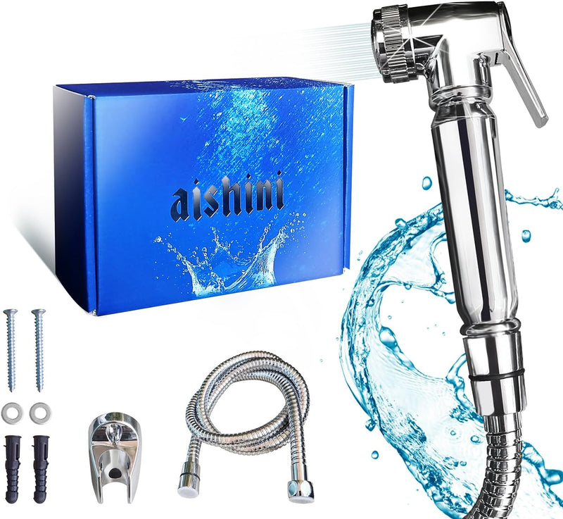 Aishini Handheld Toilet Bidet Sprayer - Shattaf Set, Jet Spray with Easy Installation, Muslim Shower for Feminine wash, Baby Cloth Diaper, Personal Hygiene, 120cm Stainless Steel Hose Pipe, Chrome