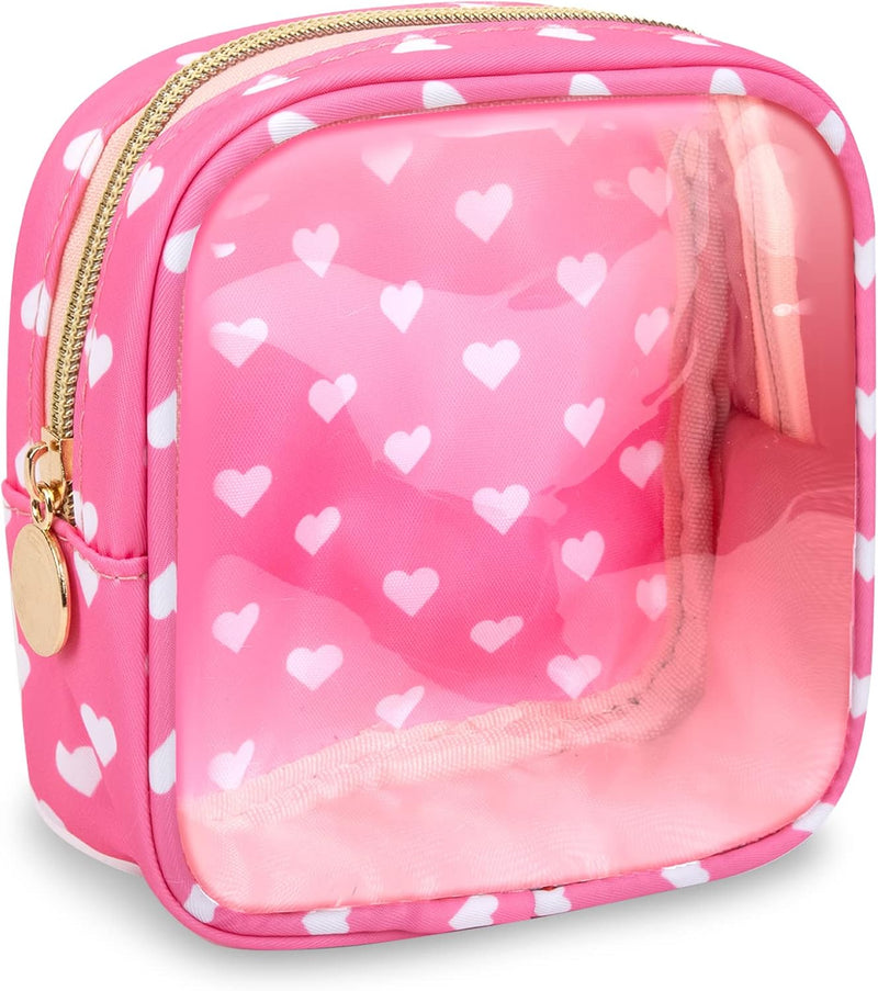 Nylon Small Mini Makeup Bag Purse Cute Preppy Cosmetic Zipper Pouch, Hot Pink, Mini - Pink Heart Mini