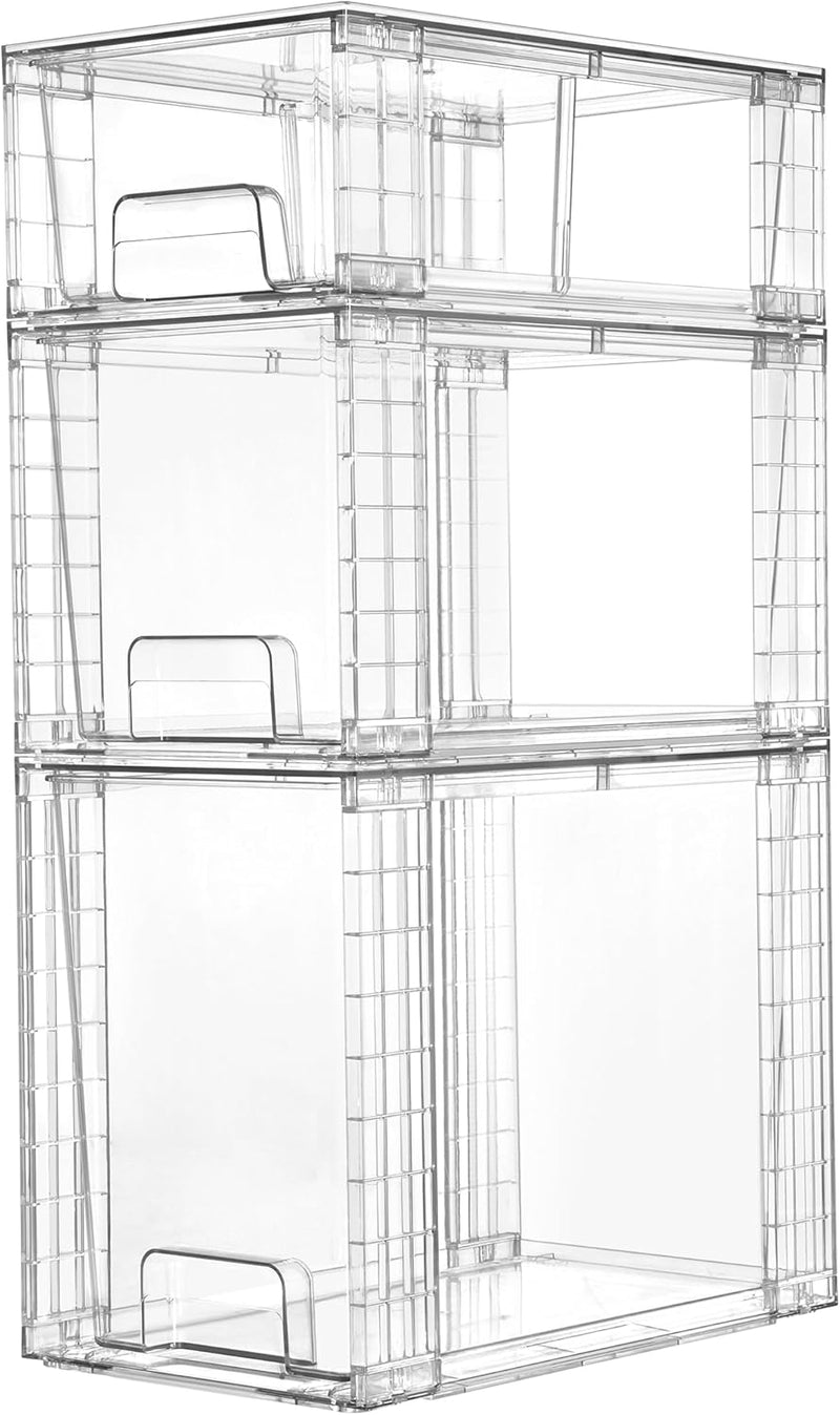 4 Pack Large Stackable Storage Drawers, Easily Assemble Acrylic Bathroom Closet Undersink Organizers, Plastic Storage Bins for Kitchen Cabinets, Pantry, Makeup, Medicine Organization - 3pack-1*S+1*M+1*T