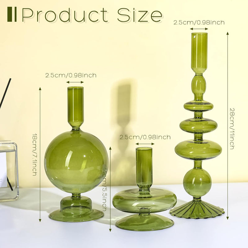 Rtteri 3 Pcs Glass Candlestick Holders Glass Taper Candle Holders Groovy Candlestick Wavy Glass Candlestick Holders Elegant Glass Candlestick Glass Vases for Home Party Centerpiece (Green)