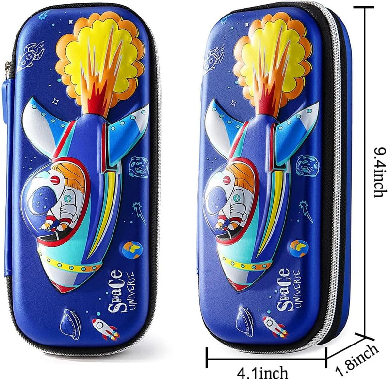 Pencil Case for Boys, 3D EVA Cartoon Space Storage Pouch Pen Holder, Pencil Case with Compartments for School Kids, Large-Capacity Storage Box, Children's Student Stationery Gift Box, Spaceship Blue