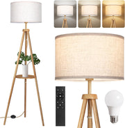 Wooden Tripod Floor Lamp with Shelf, 4 Colour temperatures Mid Century Dimmable Floor Lamp with Remote & Foot Switch, 1H Timer Modern Tall Standing Lamp for Living Room Bedroom Office, Walnut - Wood