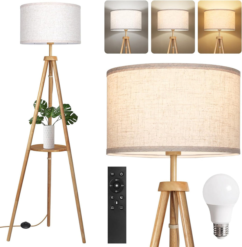 Wooden Tripod Floor Lamp with Shelf, 4 Colour temperatures Mid Century Dimmable Floor Lamp with Remote & Foot Switch, 1H Timer Modern Tall Standing Lamp for Living Room Bedroom Office, Walnut - Wood