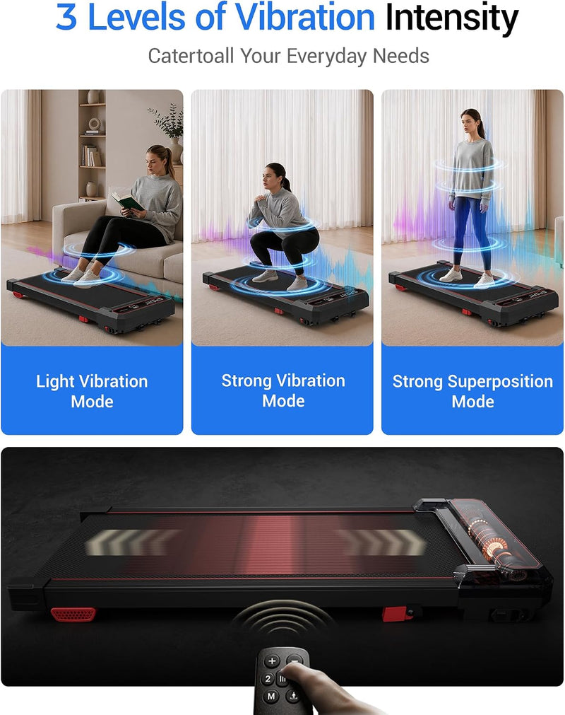 15% Incline Under Desk Walking Pad Treadmill with Vibration 10KM/H 3.0HP Under Desk Treadmills with 8 Speed Levels 120KG Capacity Quiet Compact Portable Design with Remote Control & Led Display - Black