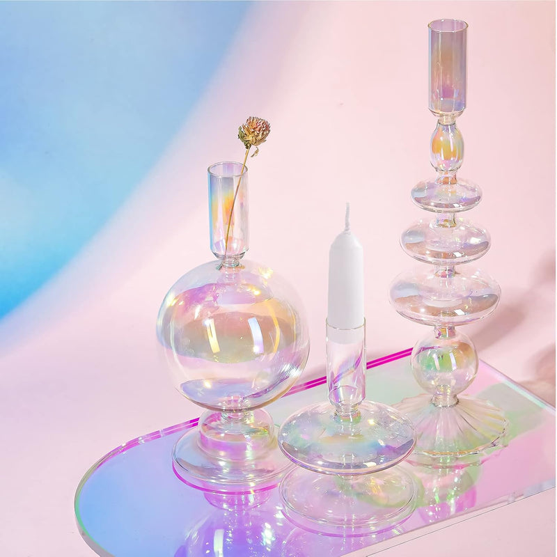 Rtteri 3 Pcs Glass Candlestick Holders Glass Taper Candle Holders Groovy Candlestick Wavy Glass Candlestick Holders Elegant Glass Candlestick Glass Vases for Home Party Centerpiece (Green)