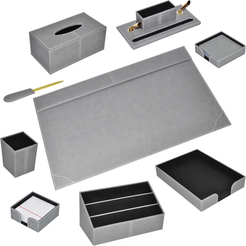 FIS Executive Desk Set with Italian PU Materials, Set of 9 Pieces Desk Set Organizer, Grey Color, Pack in Gift Box-FSDS172GY