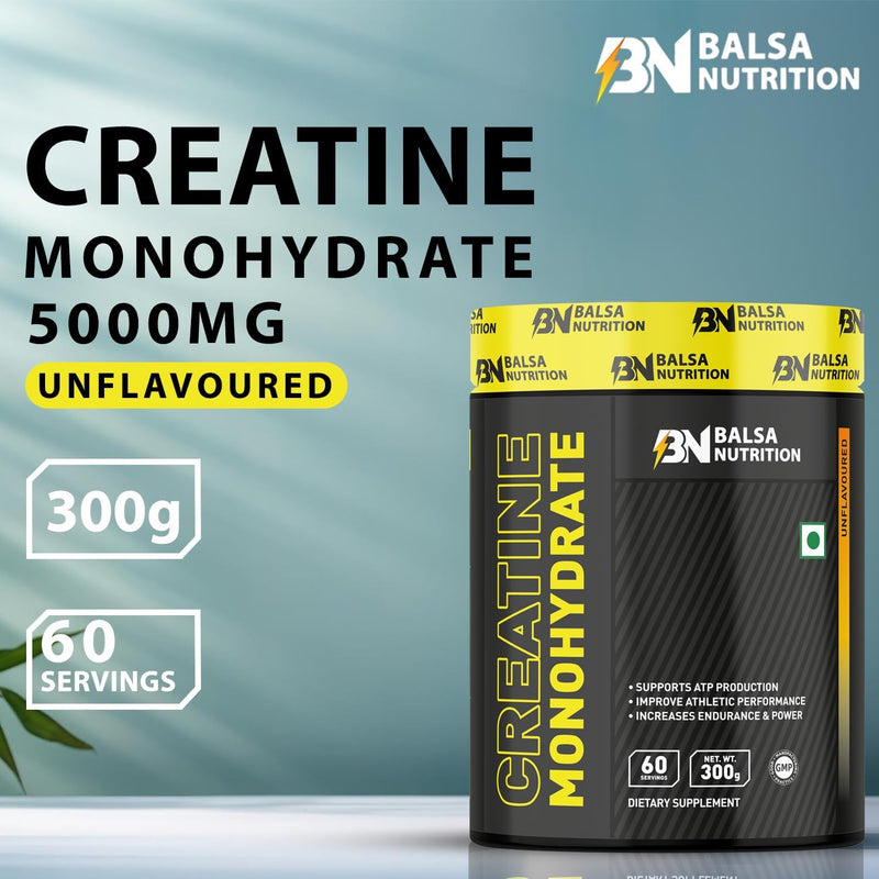 Balsa Nutrition Creatine Monohydrate Powder- 300g, 5g Per Serving (Unflavored) Supports Muscle Strength, Workout & Performance Recovery, Produce Energy, Immune Booster Non- GMO